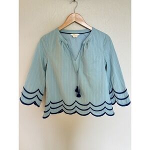 Boden Willa Flowy Peasant Blue Tassel Scalloped Hem Lined Top Boho Flirty Sz 6